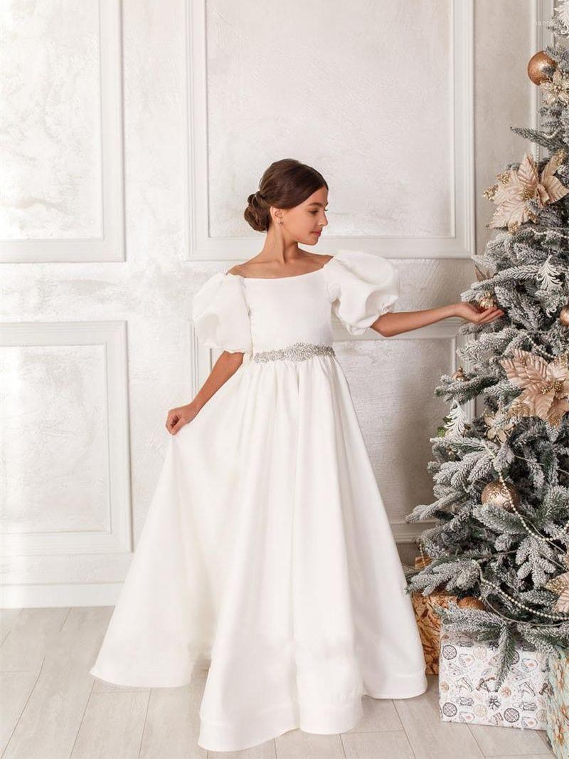 

Girl Dresses Elegant Satin A Line Flower Floor Length Half Lantern Sleeves Boat Neck Rhinestone Crystal Bow Dress, Green