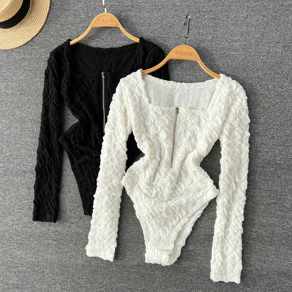

Nxy Spring Autumn Zipper Design Rompers Women Square Collar Solid Playsuits Long Sleeve Fashion Sexy Retro Bodysuits 230328, Black