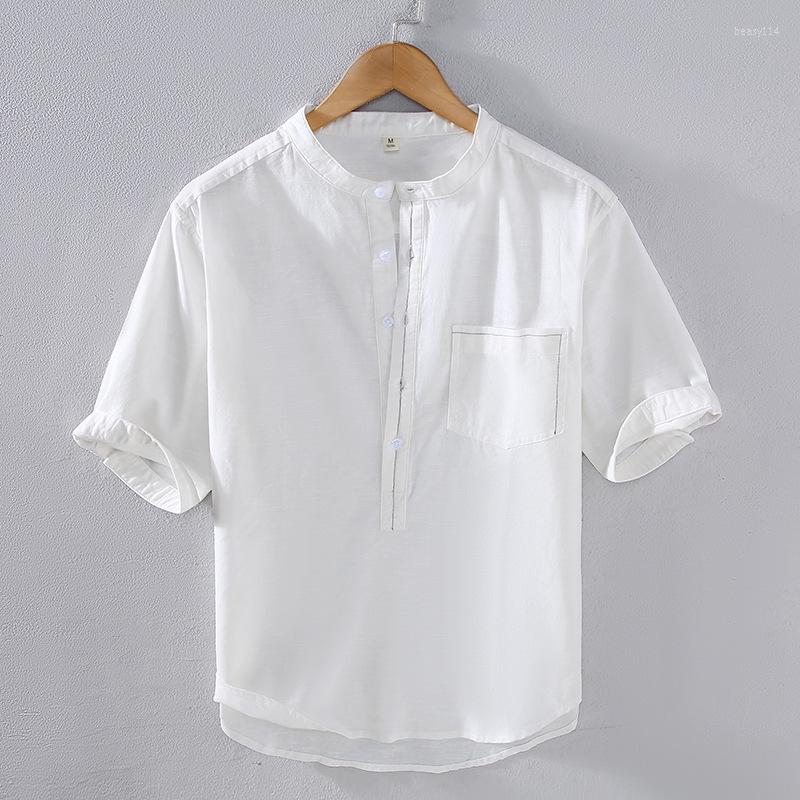 

Men's Casual Shirts 9623 Men's Cotton Linen Spring Summer Fashion Stand Collar Solid Color Business Slim Fit Half Sleeve Pullover Tops, 9623 black