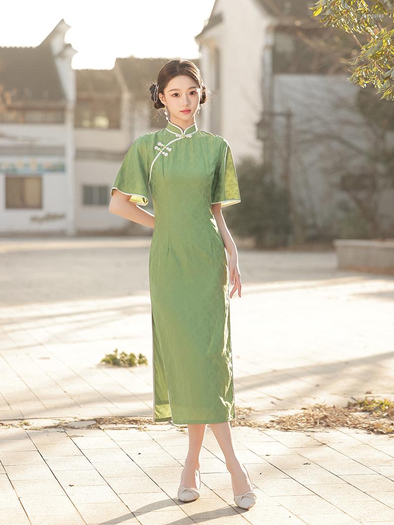 

Ethnic Clothing FZSLCYIYI Light Green Sexy Jacquard Satin Qipao Elegant Short Sleeve Chinese Cheongsam Retro Daily Evening Dress