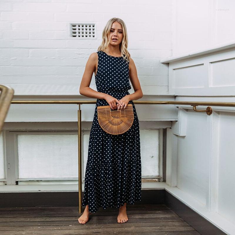 

Casual Dresses Party Sexy None Polyester Summer Sleeveless Women Ankle-Length Polka Dot Crew Neck Pencil Dress, Black