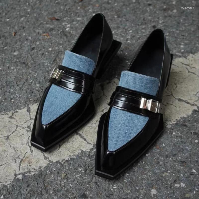 

Dress Shoes Casual Loafers Fashion Leather Oxfords Retro Slip On Women's Luxury Design Chunky Heels Autumn Pumps Chaussures Femme, Blue