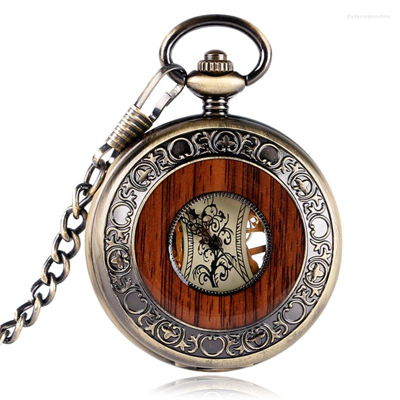 

Pocket Watches Vintage Retro Classic Watch Wooden Hollow Copper Carving Fob Mechanical Hand Winding Clock Relogio De Bolso, Picture shown