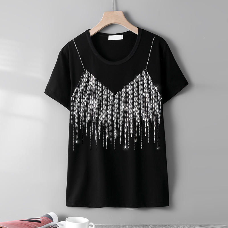 

Women' T-Shirt Summer Fashion short-sleeve T-shirts female personality Sling pattern diamonds Loose High quality Round neck women tops 230414, Black