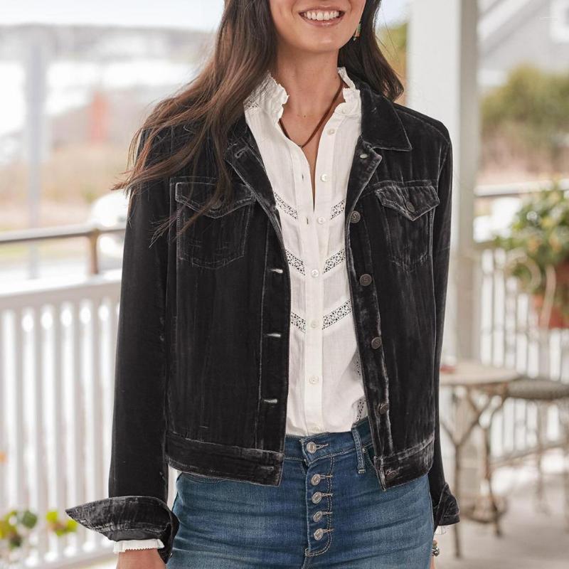 

Women's Jackets Women Short Coat Turn-down Collar Long Sleeves Button Flap Pockets Cardigan Solid Color Golden Velvet Jacket Winter Clothing, Black