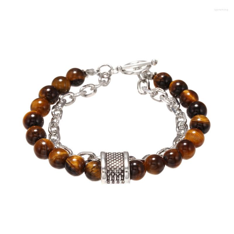 

Strand 1PC Beaded Bracelet Gifts Stress Relief Natural Tigers Eye Obsidians Mens Bracelets 8mm Beads With Chain Male Jewelry