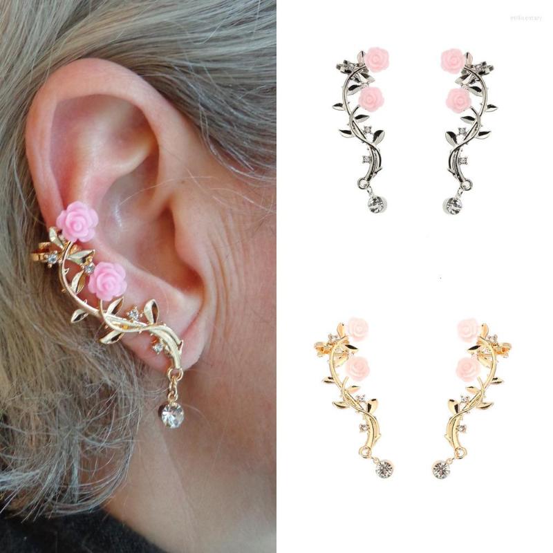 

Backs Earrings Elegant Flower Rhinestone Ear Cuff For Women Gold Color Stud Clip Earring Fashion Jewelry
