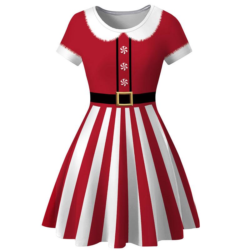 

Casual Dresses Christmas Dress Women Elegant Print Red Xmas Party Vintage Retro O-neck Short Sleeve A-Line Vestidos Robe Femme, Pettiskirt red
