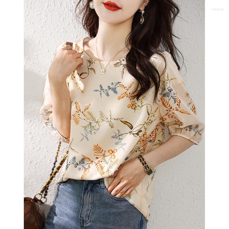 

Women' Blouses Chiffon Shirt For Women Summer 2023 In Floral Printed Casual Loose Short Lantern Sleeves Fashion Top O-Neck, Image color