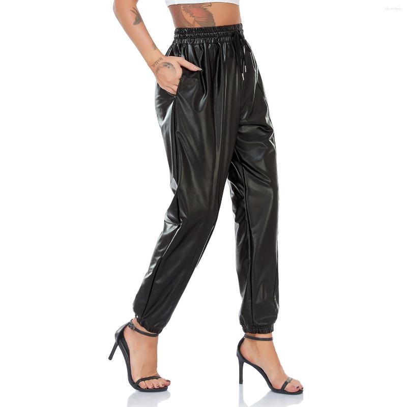 

Active Pants INFILAR Fashion Women PU Leather High Waist Pocket Leggings Leisure Trousers 2023 Rope, Black