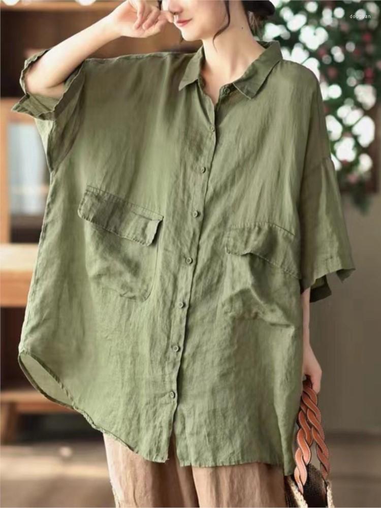 

Women's Blouses Women Loose Shirt 2023 Summer Retro Casual Ramie Tops Female Cardigan Button Short Sleeve Simple All-match Blouse, Khaki