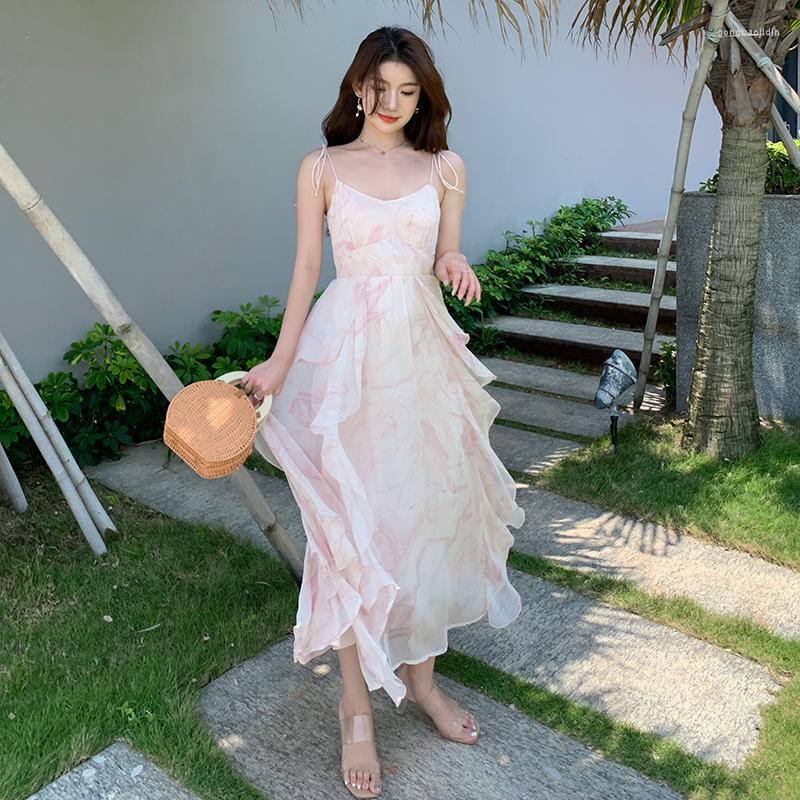 

Casual Dresses 2023 Pink Suspender Dress Irregular Ruffle Party Fairy Holiday, White