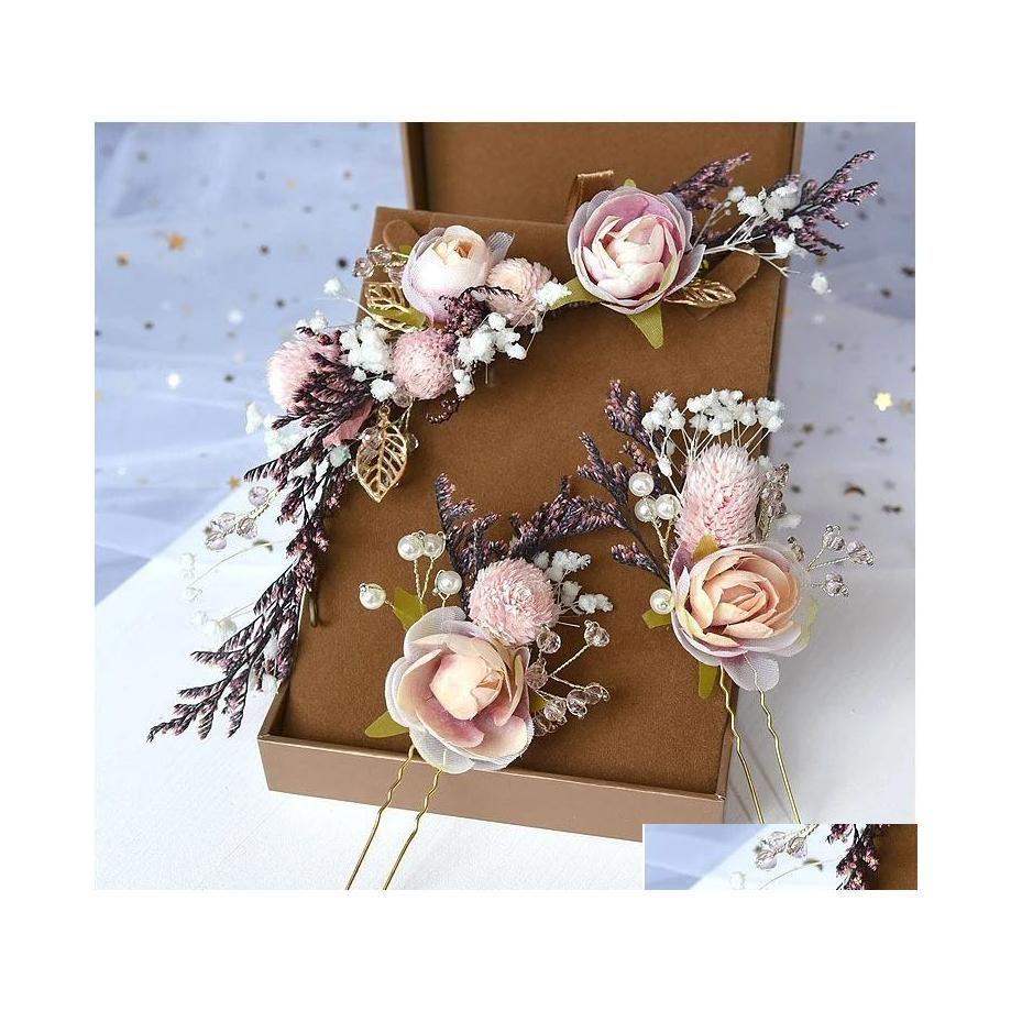 

Headpieces 3Pcs/Set Bride Mori Headdress Dry Lace Princess Bohemian Country Flower Hair Pinch Set Korean Bridal Wedding Je Dhkwb