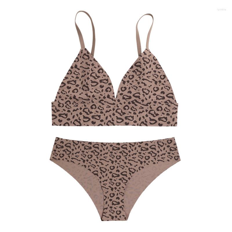 

Bras Sets 2023 Sexy Leopard Print Seamless Bra Set Female Comfortable Push Up Undersuit Beautiful Back Support Underwear Suit, Apricot leopard