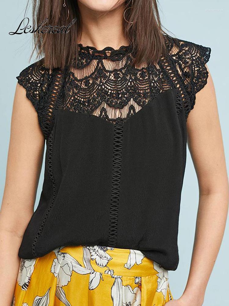 

Women' Blouses 2023 Summer Casual Womens Tops And Lace Patchwork Sleeveless White Chiffon Office Shirt Women Blouse Blusas Top Femme, Black