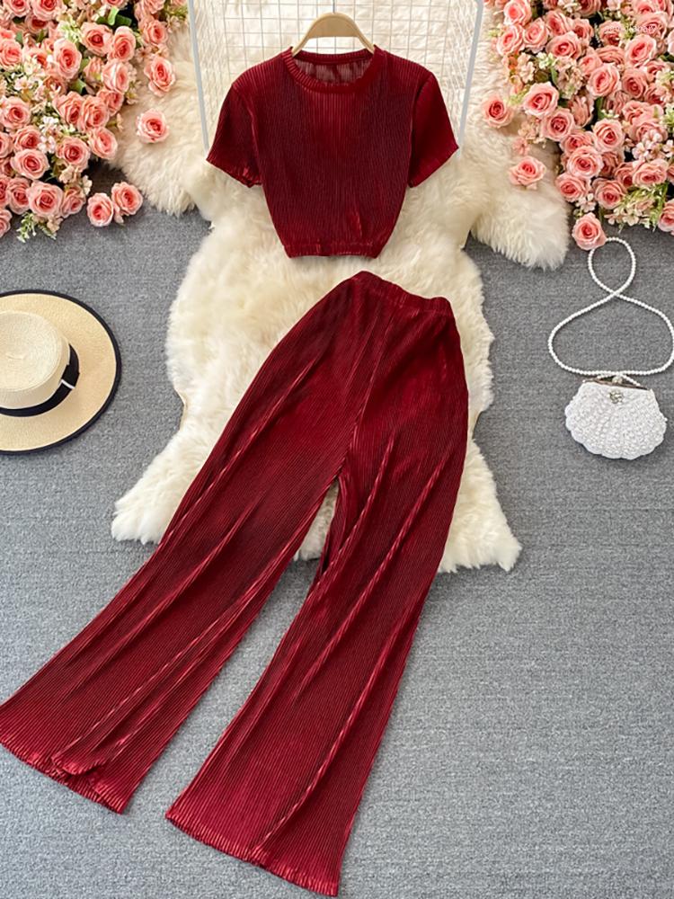 

Women's Two Piece Pants 2023 Set Women Summer Vintage Red/Pink/Black Pleated Casual O-Neck Short Sleeve Tops Loose Suit Female