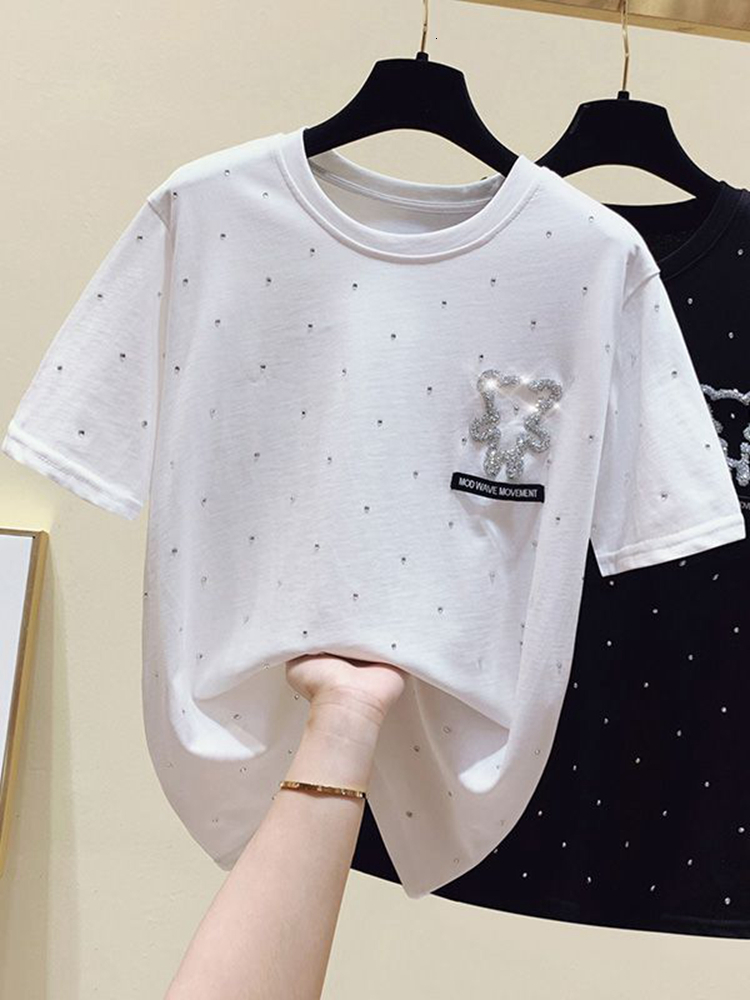 

Women' T-Shirt gkfnmt Summer Black Beaded Polka dot T shirt Women Tops Loose Casual White Tshirt Short Sleeve OverSize Tee Shirt Femme 230414