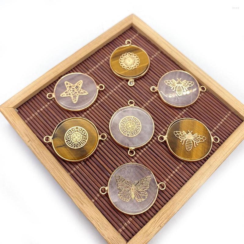 

Pendant Necklaces Natural Stone Tiger Eye Pink Quartz Connector Round Double Hole Charm For Jewelry Making Necklace Bracelet Accessories