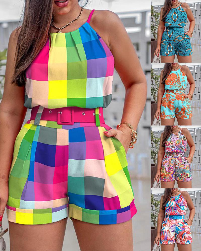 

Bohemian Casual Print Belt Shorts Set Women Summer Sleeveless Top And High Waist Short Two Piece Sets, Red