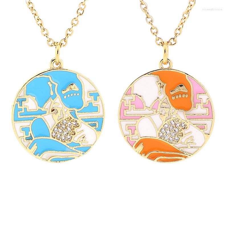 

Pendant Necklaces Y2K Round Geometric Gold Color Chain Classic Enamel Painting Map Charm Choker Teens Women Fine Jewelry Gifts