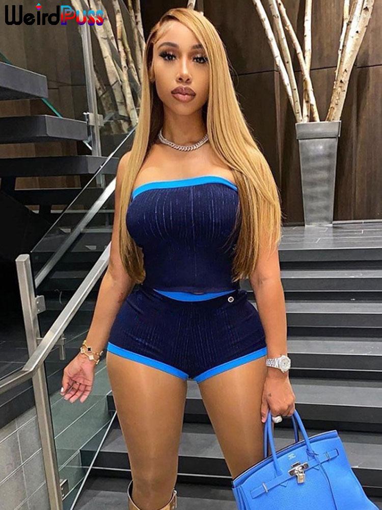 

Women' Tracksuits Weird Puss Casual Rib 2piece Set Women Tracksuit Summer Trend Strapless Tops Bike Shorts Stretch Matching Sporty, Blue