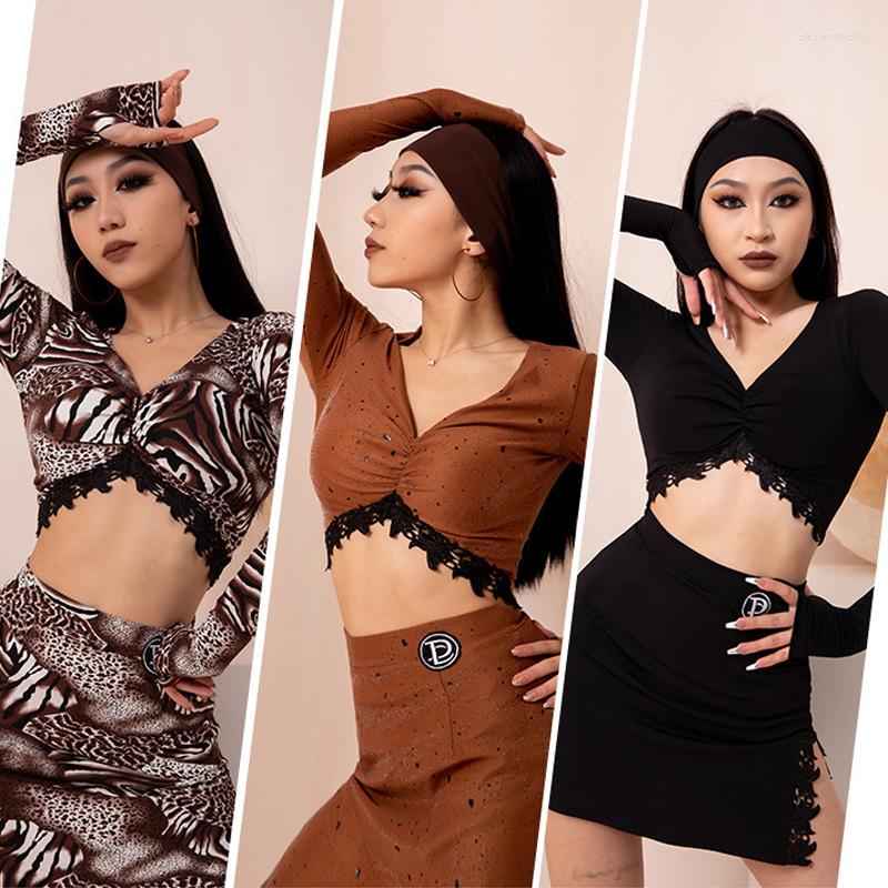 

Stage Wear Female Latin Dance Shirt Professional Long Sleeve V-Neck Sexy Tops Rumba Training Samba Costumes DWY7146, Brown skirt