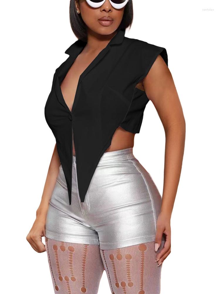 

Women' Blouses HAOYUAN Sexy Elasticity Button Up Sleeveless Shirts For Womens Tops And Fashion Clubwear Baddie Outfits Summer Clothes, Black