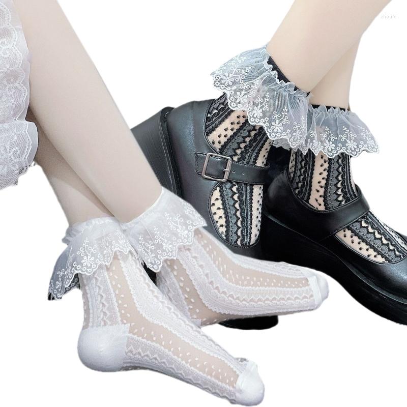 

Women Socks Glass Fiber Mesh Crew Ruffled Floral Lace Polka Dot Hosiery 37JB, Black