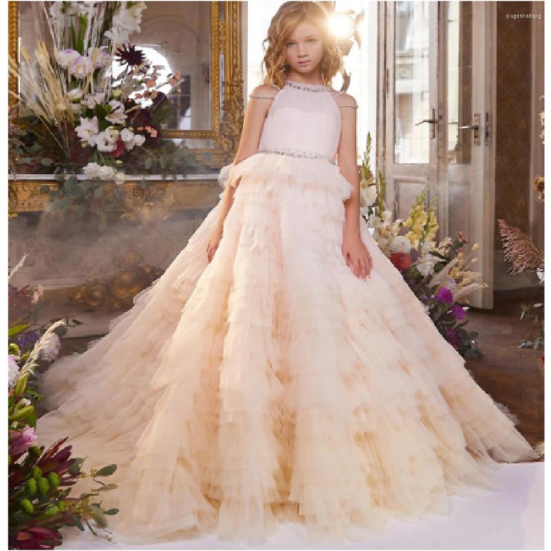 

Girl Dresses Beaded Ruffles Flower Jewel Neck Gilrs Elegance Pageant Sleeveless Dress Little Kids First Communion Gown, Custom colors