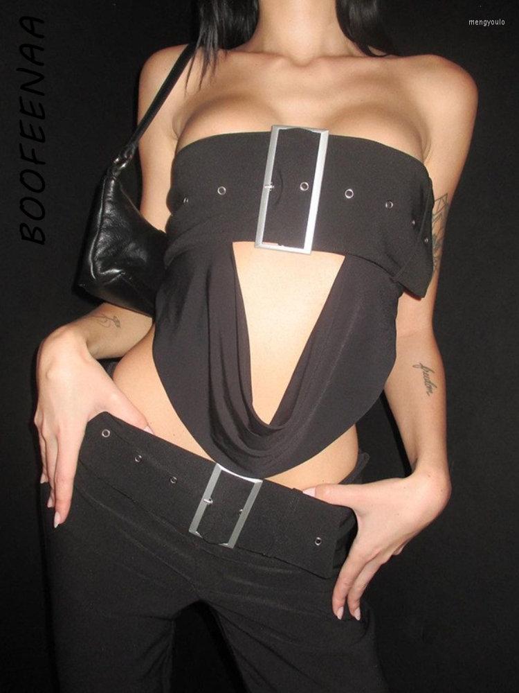 

Women' Tanks Y2k Sexy Metal Buckle Asymmetric Top Streetwear 90s Black Strapless Crop Tops Women Rave Festival Club Wear