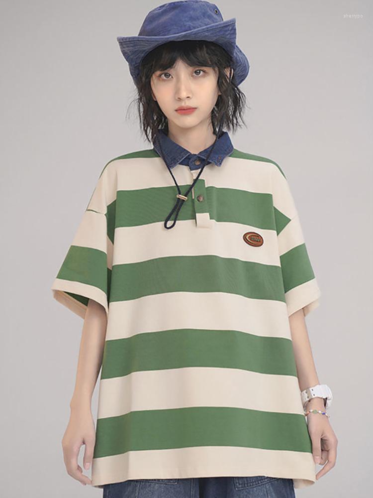 

Women's T Shirts Harajuku Striped Shirt Women Short Sleeve Top Female Oversize Tshirt Polo Collar Ladies Fashion Preppy Style Tees Summer, Blue