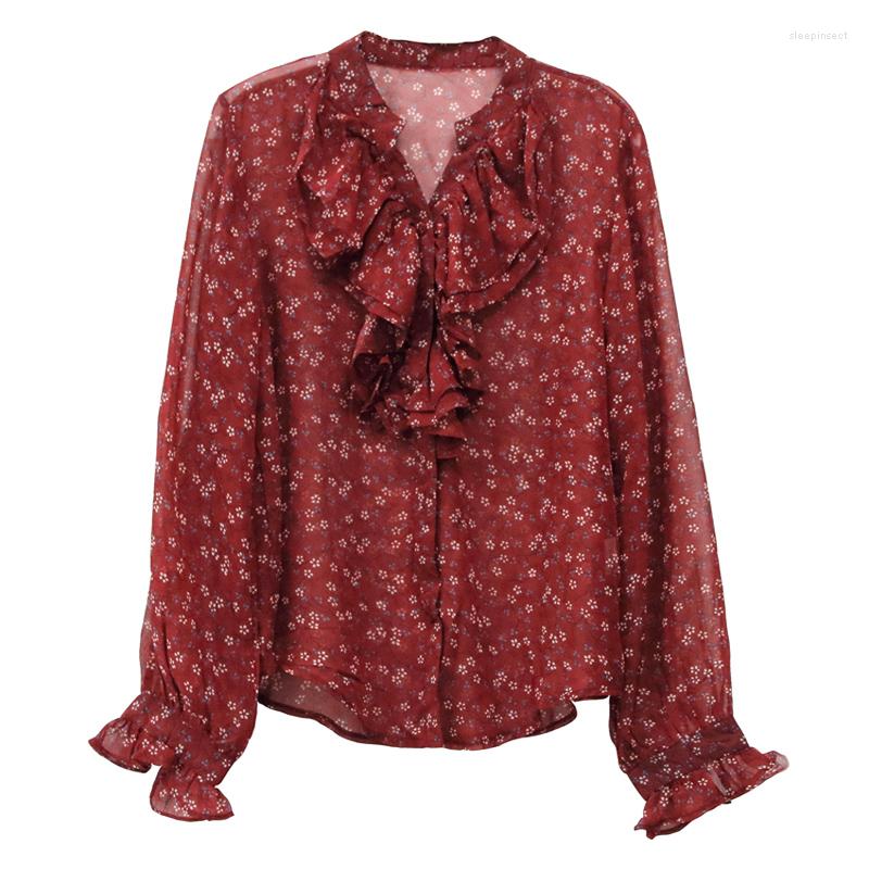 

Women's Blouses PERHAPS U Women Wine Red Chiffon Blouse Top Ruffle V Neck Floral Print Long Sleeve Office Lady Work B0176, Picture shown