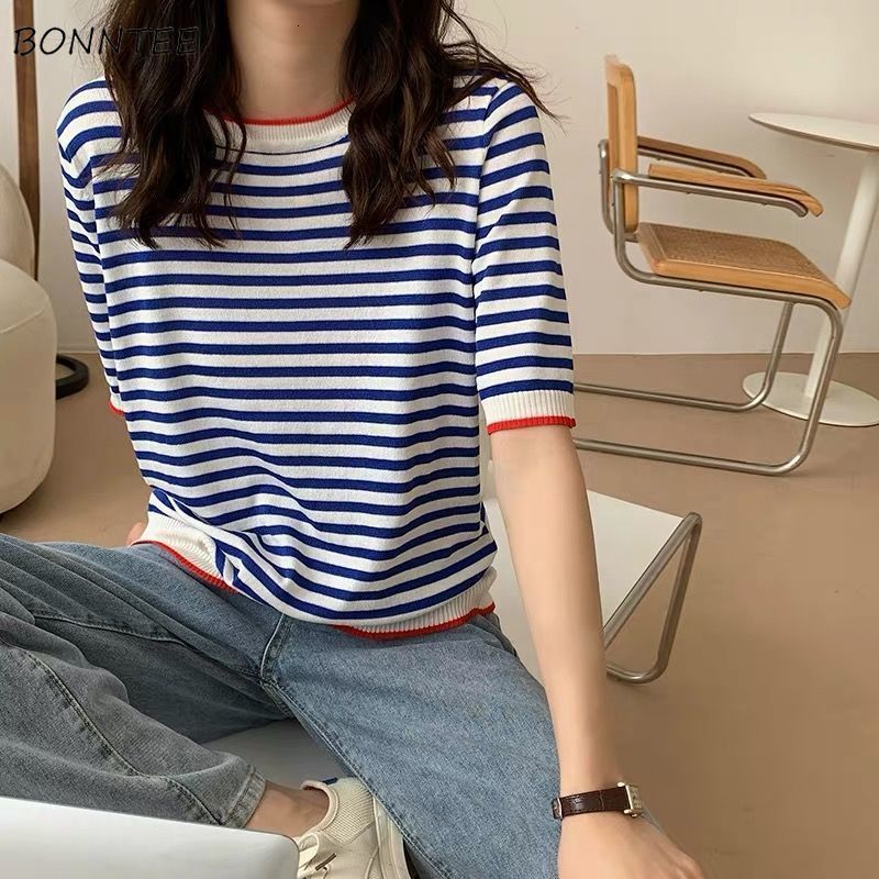 

Women' T-Shirt Short Sleeve T-shirts Women Striped Basic Chic Simple All-match Harajuku Retro Cotton O-neck Trendy Loose Leisure Cozy Womens 230414, Sky blue