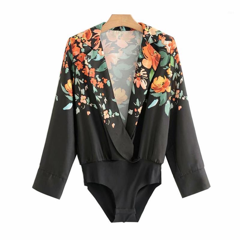 

Women' Jumpsuits Women Style Floral Shirt Print Black Bodysuit Long Sleeve Playsuit Elastic Waist Retro Blouse Fashion Casual Tops Blusas
