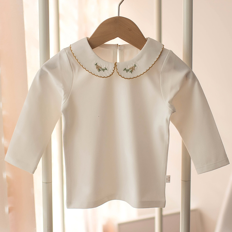

T-shirts Spring Cotton T-Shirt Toddler Shirts Baby Girl Long Sleeve Lapel Embroidery Flowers Autumn Girls T Shirts 230414, 9986 white