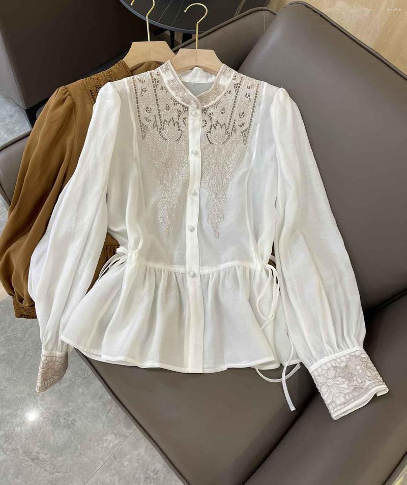 

Women's T Shirts Spring And Summer Hollowed Out Embroidery Tensilk Real Silk Cotton Heavy Industry French Embroidered Shirt, Multi