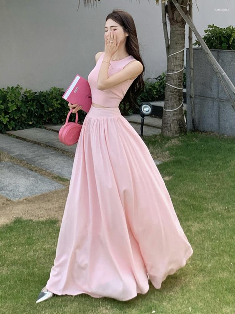 

Work Dresses Summer Elegant Fashion Casual Two Piece Set For Women Knitted Vest Crop Top Maxi Skirt Sets Beach Holiday 2 Suits, Picture color