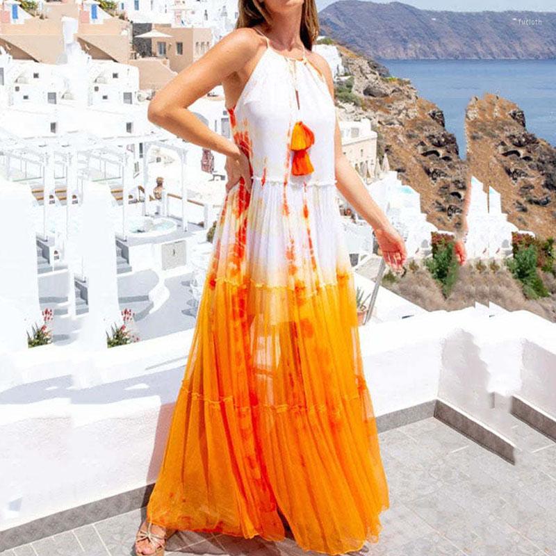 

Casual Dresses Fashion Gradient Pint Loose Party Dress Women Elegant Spaghetti Strap Bohe Long 2023 Sleeveless Pleated Beach, 01 yellow