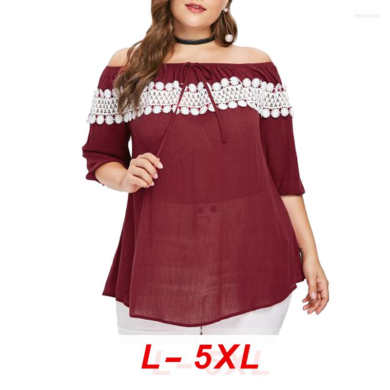 

Women's Blouses 2023 Summer Slash Neck Half Sleeve Lace Chiffon Shirt Plus Size Clothing For Women Fashion Casual Stitching Garment, Red