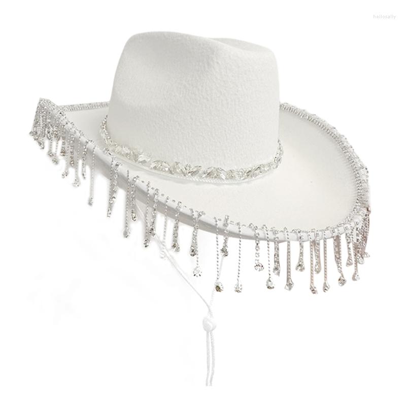 

Berets Cowgirl Hat With Shimmering Tassel For Bachelorette Party Supplies Ultra-flashing Rhinestones Western, White