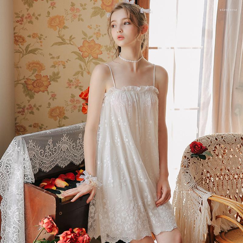 

Women's Sleepwear Women's Summer Soft Lace Mesh Sexy Princess Nightdress Sleeveless Spaghetti Strap Wavy Night Dress White Nightwear