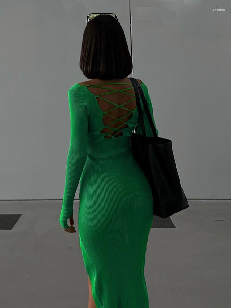 

Casual Dresses Elegant Long Sleeve Backless Bandage Dress Outfits For Women 2023 Spring Autumn O Neck High Split Bodycon Club Party, Blue