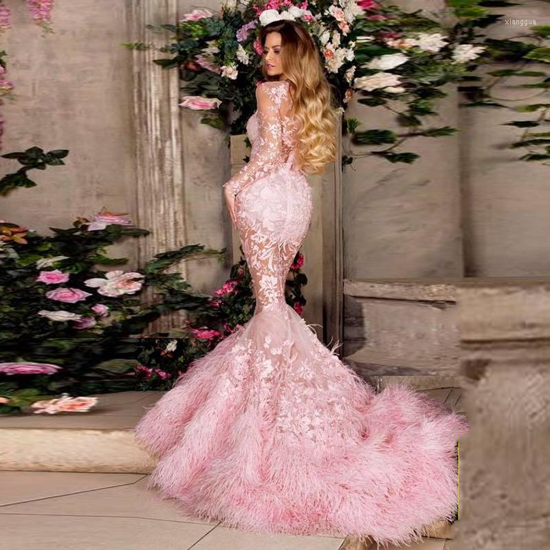 

Party Dresses Pink Lace See Through Long Sleeves Prom Feather Sweep Train Mermaid Evening Gowns Saudi Arabia Formal Dress Robe, Blue