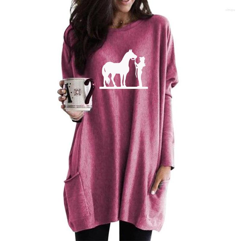 

Women' Hoodies Cartoon Cowgirl And Horse Print Pocket Long For Female Femmes Animal Lover Gift Spring Autumn Women Casual Sweatshirts, Black