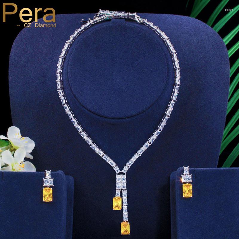 

Necklace Earrings Set Pera Gorgeous African Yellow CZ Stone Long Wedding Pendant For Women Party Wear Accessories J297, Picture shown