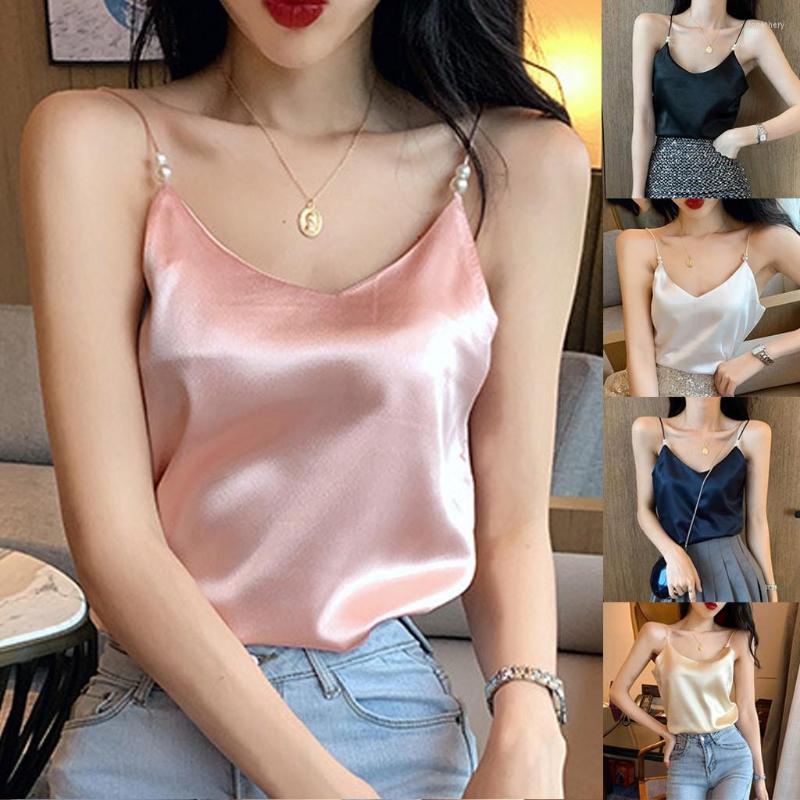 

Women's Tanks Fashion Women V-Neck Casual Sleeveless Pearl Camis Vest Solid Loose Tops, Pink