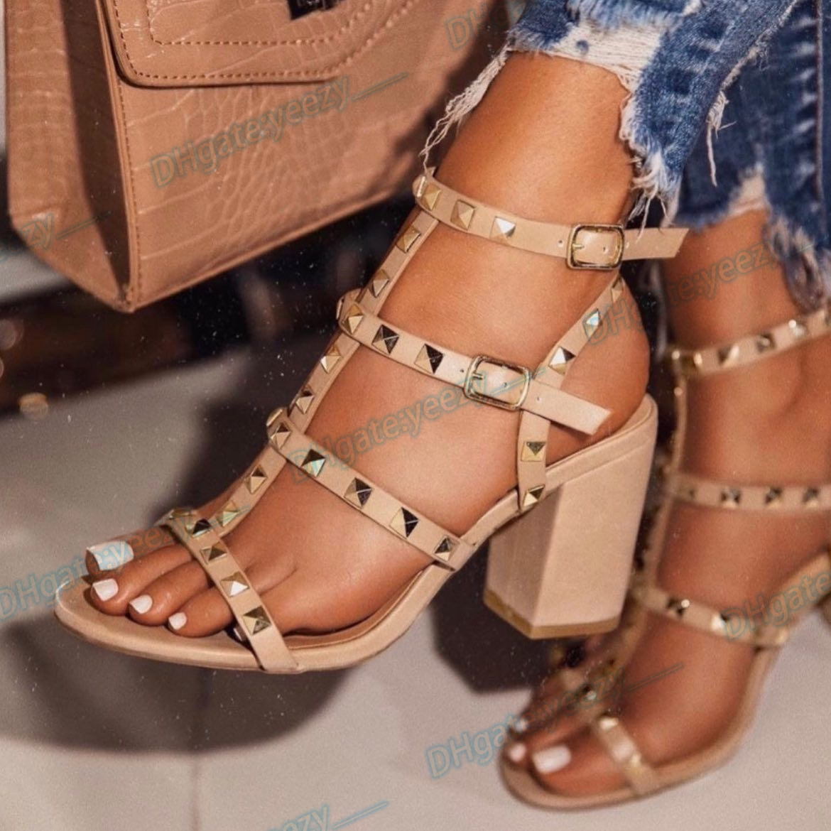 

designer Coarse high heel sandal for women luxury Leather Strappy Cage slipper outside summer man slide rivet with box shoe sexy lady sandale 6.5-9.5cm, #3-9.5cm