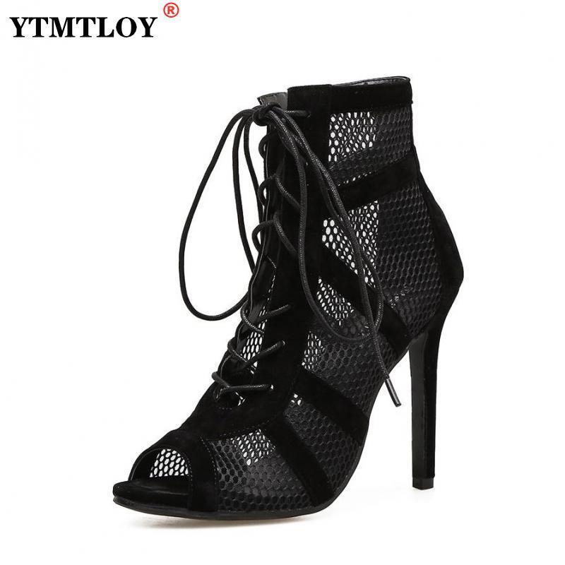 

Sandals Fashion show Black Net Fabric Cross strap Sexy high heel Woman shoes Pumps Laceup Peep Toe Casual Mesh 230413