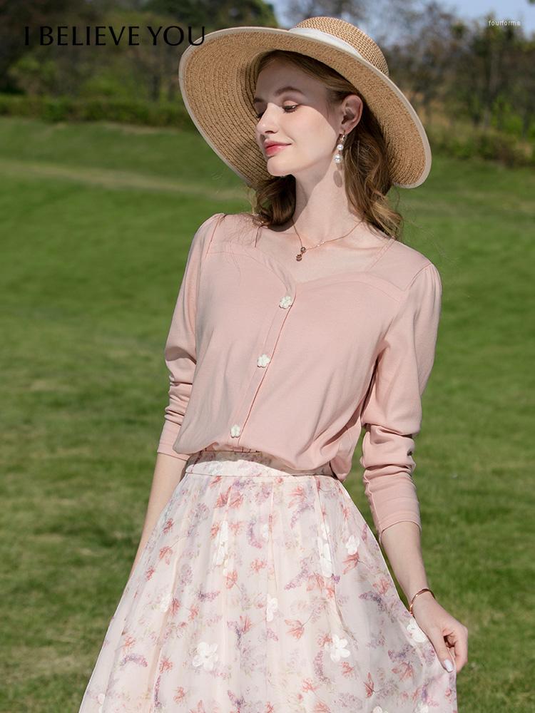 

Women's T Shirts I BELIEVE YOU French T-shirt For Woman 2023 Spring Gentle Square Collar Long Sleeve Top Women Chic Female Clothing, Pink