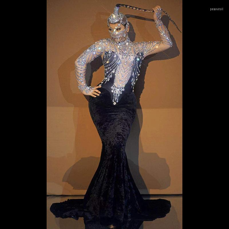 

Stage Wear Deep V Rhinestone Black Velvet Dress Birthday Celebration Party Banquet Evening Concert Ball Singer's Costume